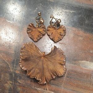 Vintage: Bundle: Leaf Earrings Covered in Copper and Real Leaf Brooch